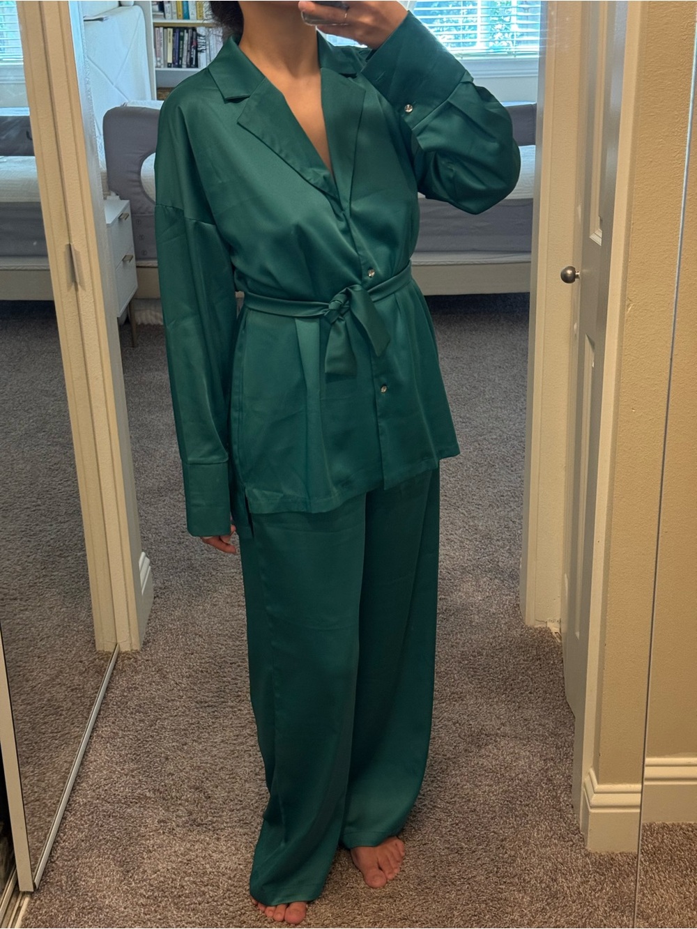 Emerald Satin Two Piece Set Shirt & Wide Leg Pants Size S